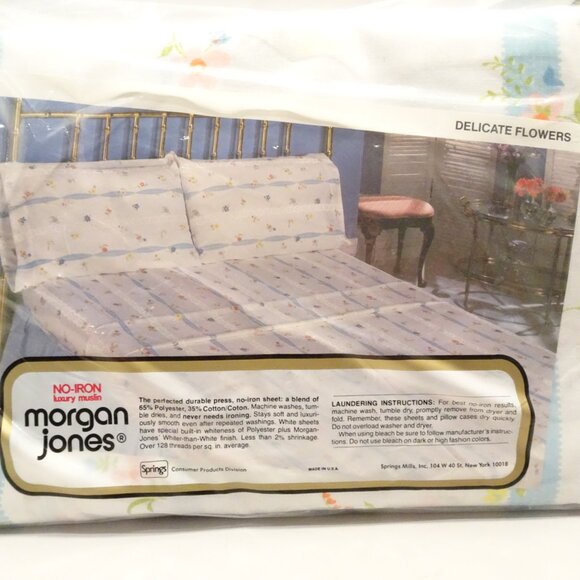 Vintage Morgan Jones Twin Fitted Sheet Delicate Flowers NOS Blue - Picture 3 of 3